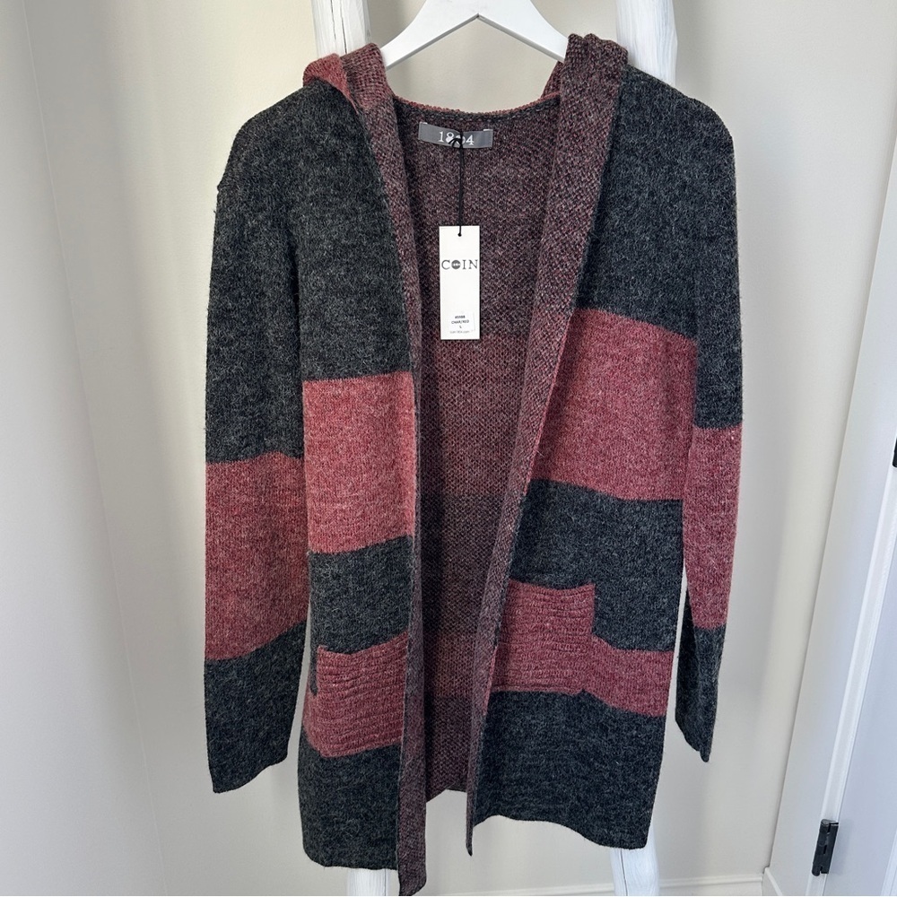 COIN 1804 Knit Stripe Hooded Sweater Cardigan Jacket Grey and Red SZ Large